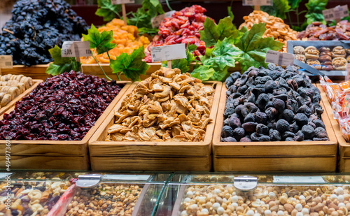 Photography Close up of display with traditional turkish delights, dried fruits and nuts at Egyptian Bazaar