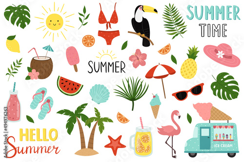 A big summer set. Cute cartoon elements: tropical leaves, ice cream car, toucan, flamingo,coconut, swimsuit, sun. Hand-drawn vector illustration
