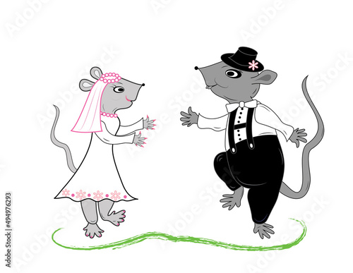 Newlyweds.Wedding funny story of a loving dancing couple of mice. Funny mouse couple wife and husband after wedding ceremony. vector and jpg format.