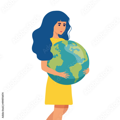 Beautiful girl symbol of Ukraine holds the Globe in her hands. War in Ukraine with the aggressor. Isolated character on white background Vector illustration