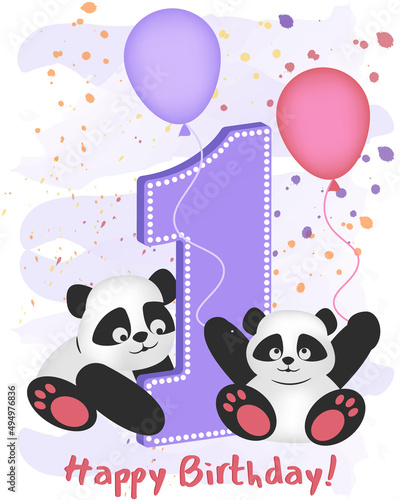 Fototapeta Naklejka Na Ścianę i Meble -  Happy first birthday. Greeting card with pandas and balloons with the inscription.