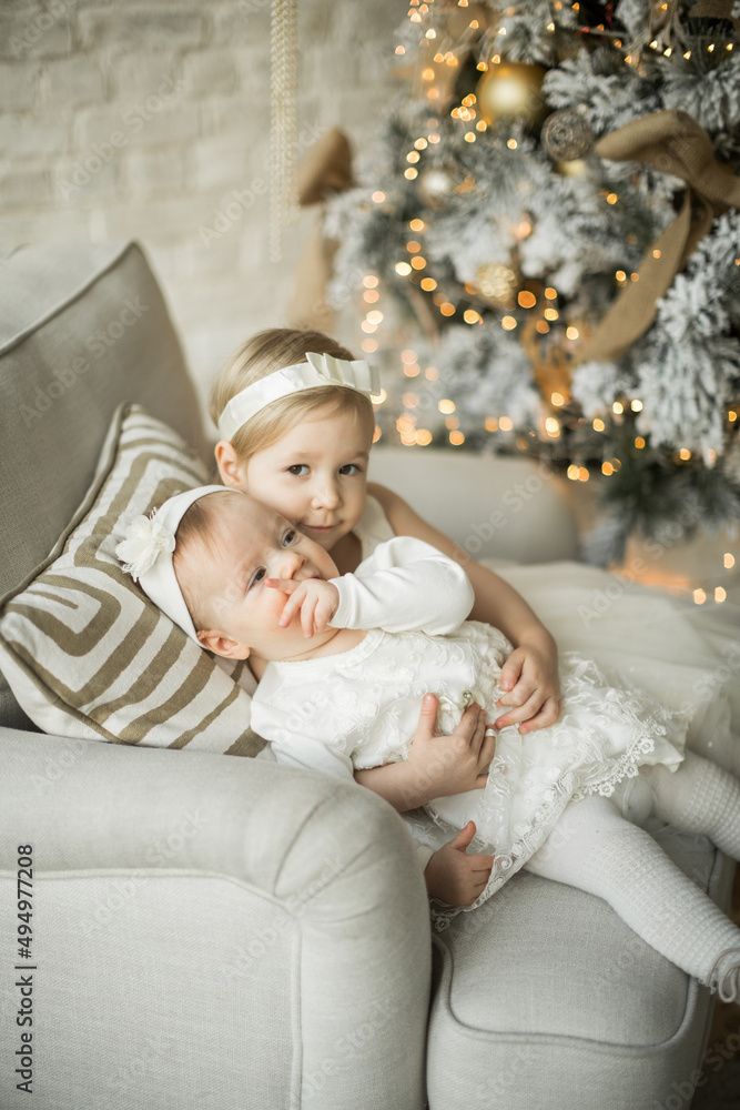 two beautiful sisters sit on an armchair in an embrace in holiday christmas