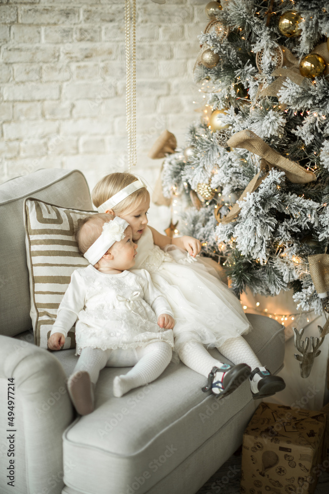 two beautiful sisters sit on an armchair in an embrace in holiday christmas