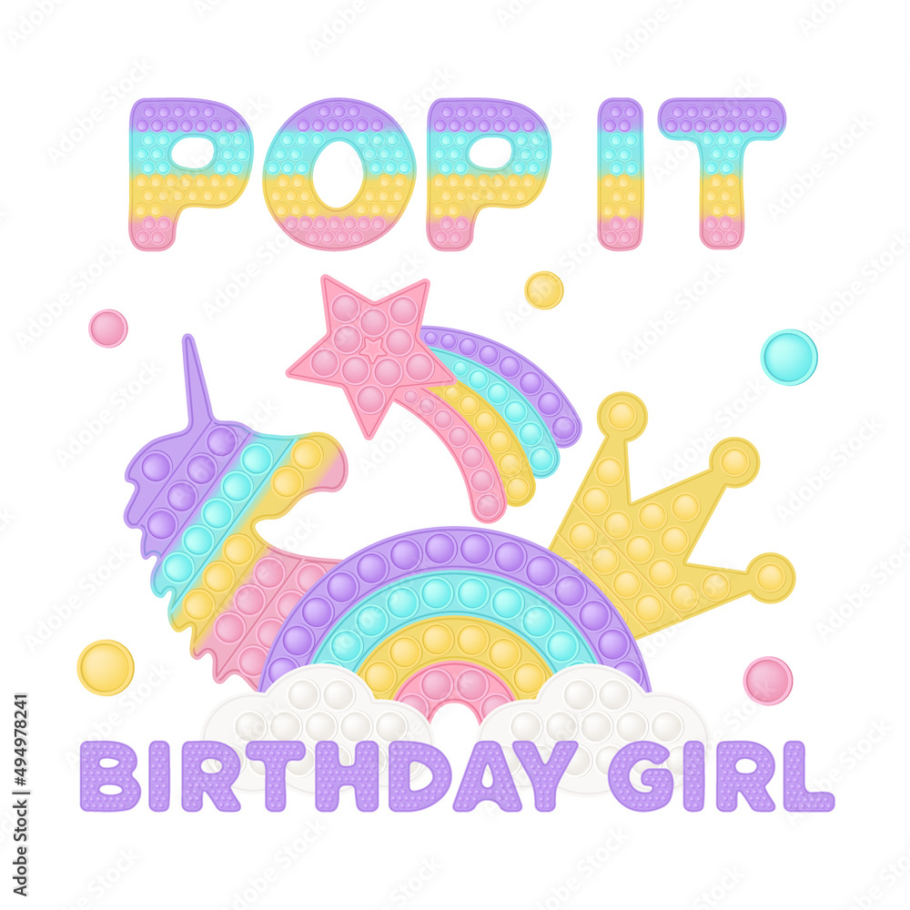 Popit birthday girl sublimation in fidget toy style. Bubble pop it birthday lettering. Pop it t-shirt design as a trendy silicone toy for fidget in purple color. Isolated cartoon vector illustration. Popit birthday girl sublimation in fidget toy style. Bubble pop it birthday lettering. Pop it t-shirt design as a trendy silicone toy for fidget in purple color. Isolated cartoon vector illustration.