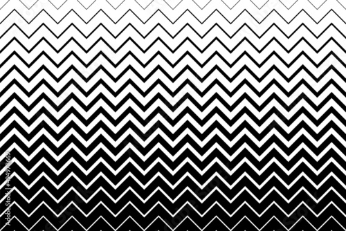 Horizontal chevron line pattern. From thin strips to thick. Fades stripe. Black shevron on white background. Zigzag gradation stripes. Fading patern. Faded dynamic backdrop for prints. Vector photo