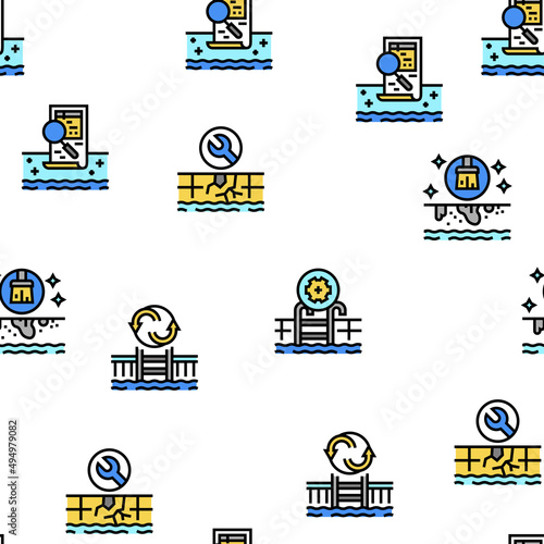 Pool Cleaning Service Vector Seamless Pattern Thin Line Illustration