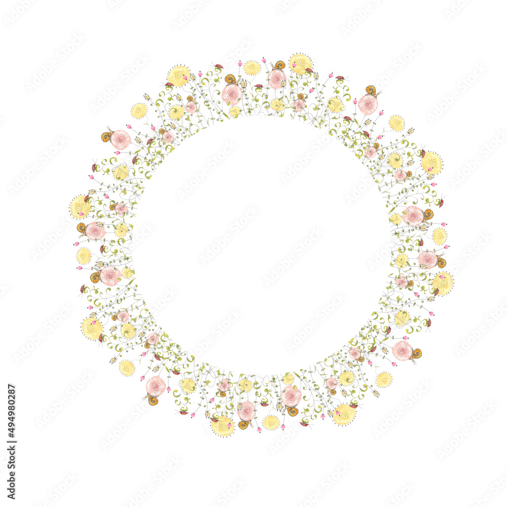 Round Frame with wild flowers. Watercolor Round Frame with wild flowers. Watercolor