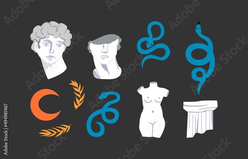 Set of vector antique greece sculptures and snakes. Mystical, bohemian illustration. Mythical, ancient elements on isolated background