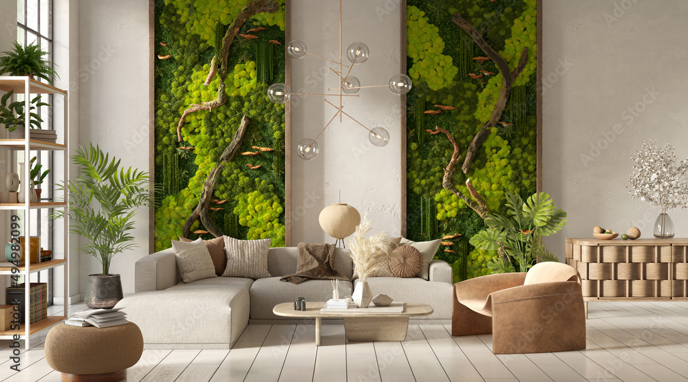 Modern living room interior with scandinavian moss on the wall, 3d
