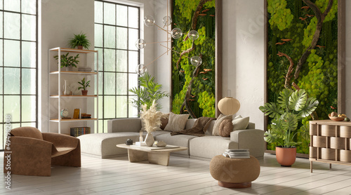 Fotografie, Obraz Modern living room interior with scandinavian moss on the wall, 3d rendering
