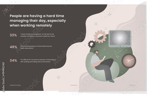 Investor pitch deck slide for presentation slide template. Mobile app for meditation featuring calm colors and illustrations. Vector illustration for layout design