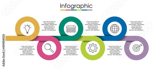 Vector infographic template with six steps or options. Illustration presentation with thin line elements icons. Business concept graphic design can be used for web, paper brochure, diagram