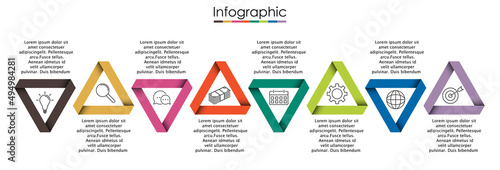 Vector infographic template with eight steps or options. Illustration presentation with thin line elements icons.  Business concept graphic design can be used for web, paper brochure, diagram