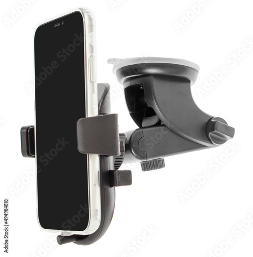 Car holder for a phone with a phone, isolated on a white background