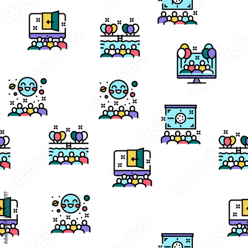 Kids Birthday Party Vector Seamless Pattern Thin Line Illustration