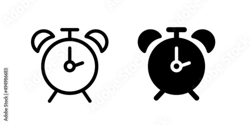 Alarm clock icons. Black and white vector icons of retro alarm clock. Vector clipart isolated on white background.