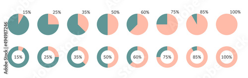 Pie chart percentage icons set. Segment infographic. Circle graph statistic diagram. 25,50,60,75 slice element. Data information. Finance document presentation. Management report. Vector illustration