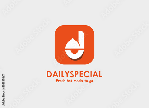 Initial Letter D Logo. Daily Special Food. Letter D with Serving Close Icon isolated on Gray Background. Usable for Delivery,  Food, Business Logo. Flat Vector Logo Design Template Elements