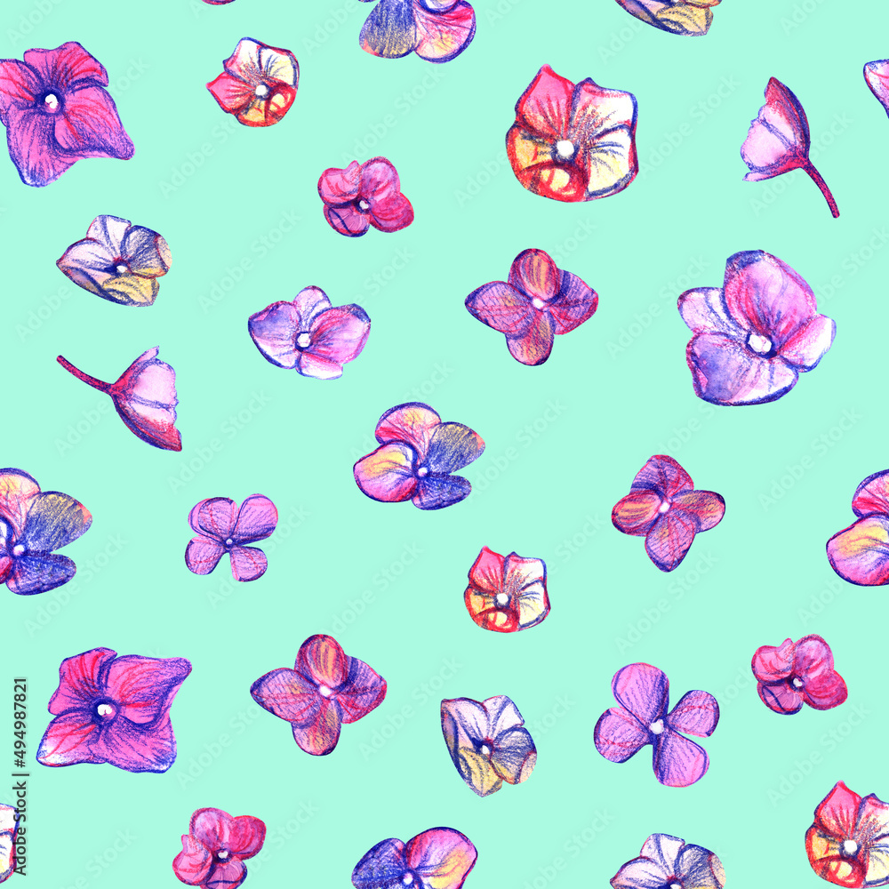 Seamless botanical pattern with small pink flowers drawn in pencil and watercolor on a turquoise background for textile and surface design Seamless botanical pattern with small pink flowers drawn in pencil and watercolor on a turquoise background for textile and surface design