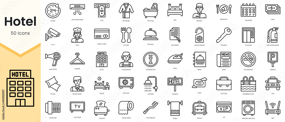 Set of Hotel icons. Simple line art style icons pack. Vector illustration