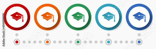 Graduation, education concept vector icon set, flat design colorful buttons, infographic template in 5 color options