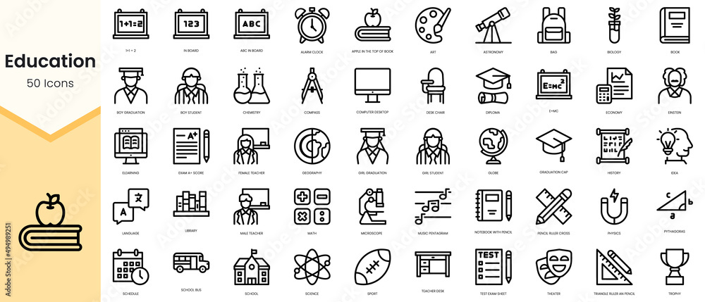 Set of education icons. Simple line art style icons pack. Vector illustration