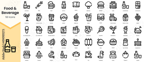 Set of food and beverage icons. Simple line art style icons pack. Vector illustration
