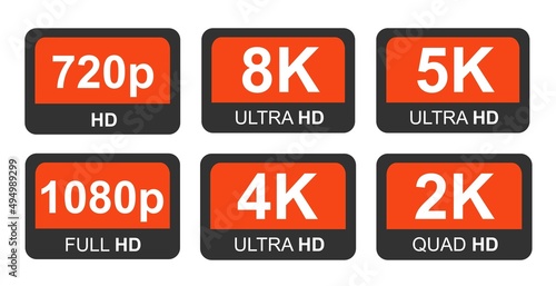 Red 8K, 4K, 5k Ultra HD Video Resolution Icon Logo High Definition TV Game Screen monitor