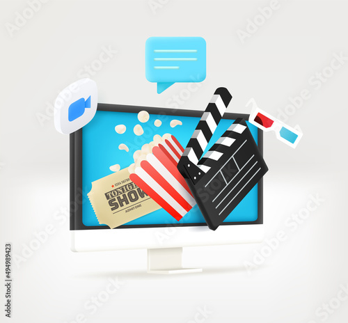 Using modern computer for watching videos. Concept with clap, ticket, chat bubble and camera icon. 3d vector illustration