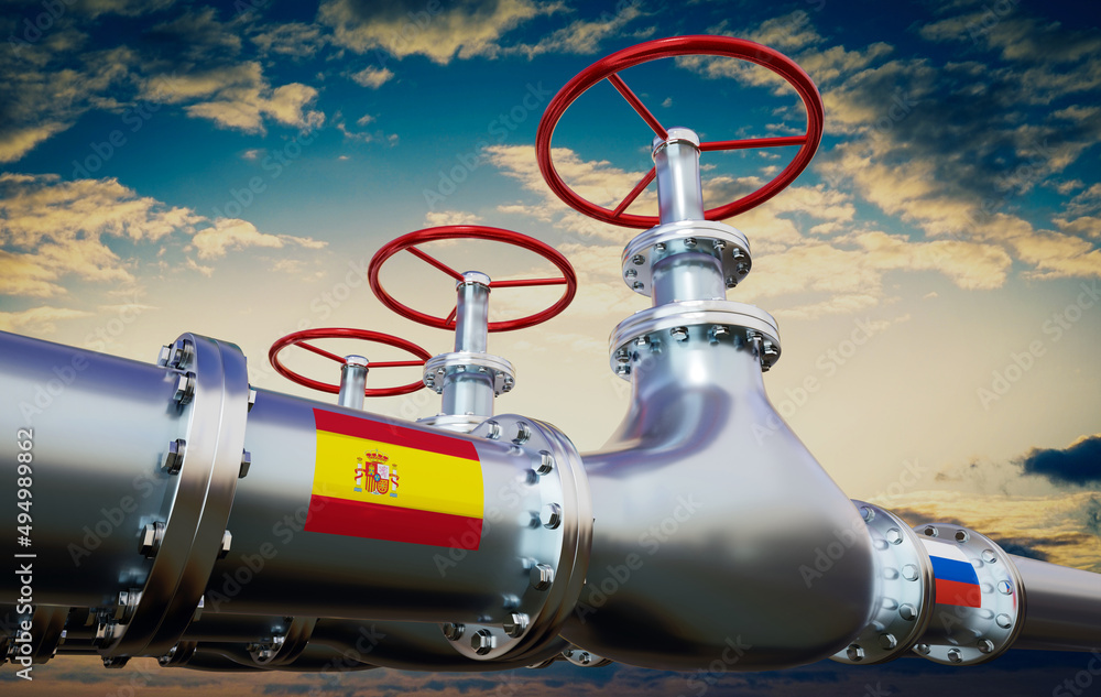 Gas pipeline, flags of Spain and Russia - 3D illustration Gas pipeline, flags of Spain and Russia - 3D illustration