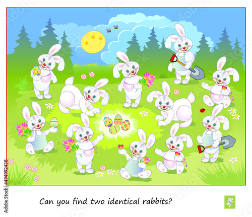Logic puzzle for children and adults. Can you find two identical rabbits? Page for kids brain teaser book. Task for attentiveness. IQ test. Play online. Easter Bunny Games. Vector cartoon image.