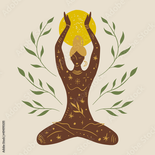 Yoga girl moonchild vector illustration sacred woman wellness art