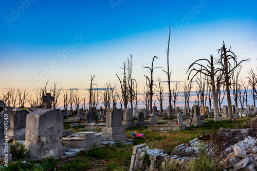 Ruins of Villa Epecuen Cemetery with bare trees in Carhue, Argentina during sunset photo
