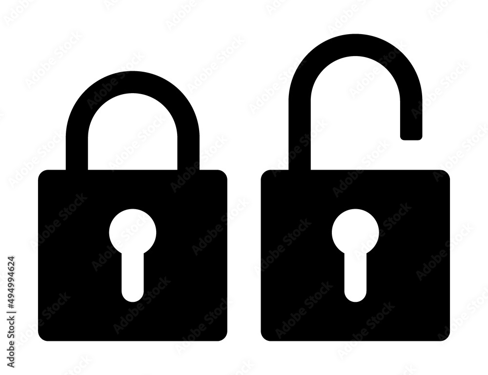 Vector set of open and locked black padlock icons, isolated on white ...