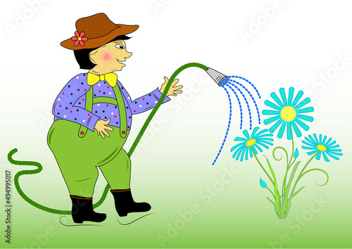 Horticulturist sprinkles a garden hose on a flowerbed. Gardening spring theme work in the garden, the story is in vector and jpg.
