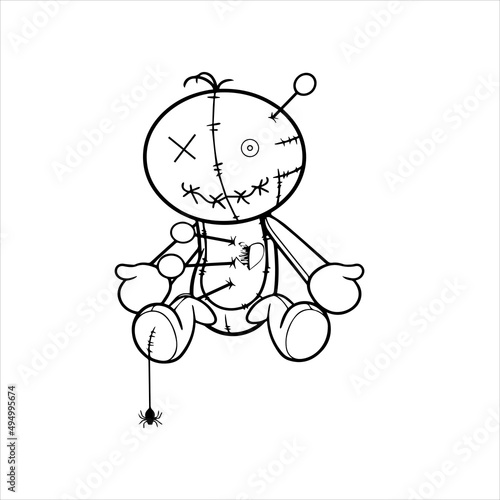 Horror kawaii coloring book page for kids and adults ,Voodoo doll teddy bear vector,  Halloween cursed doll coloring page