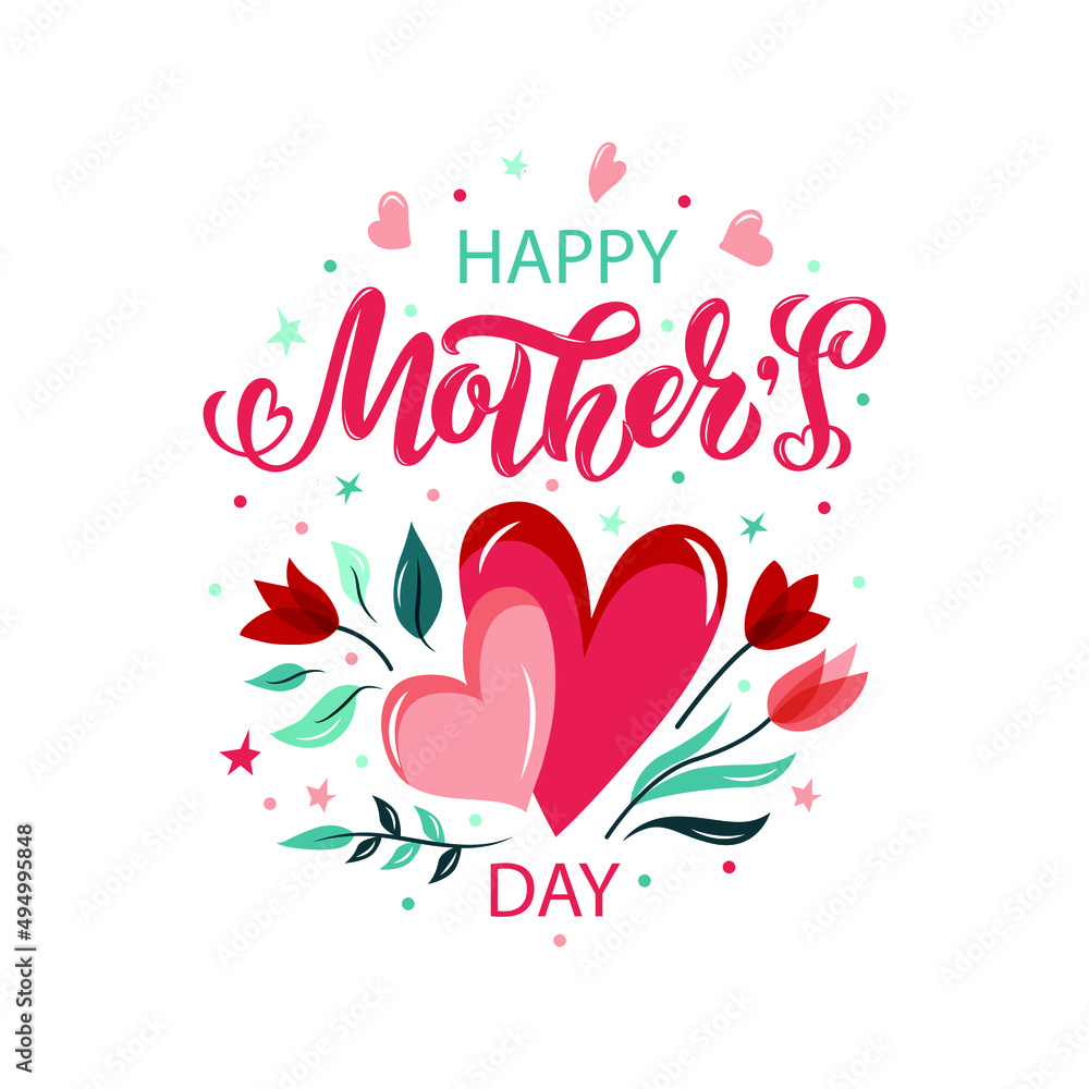 Happy Mother's day handwritten text  isolated on white background for greeting card, invitation, banner, poster. Modern brush calligraphy, hand lettering typography with flowers, stars, hearts