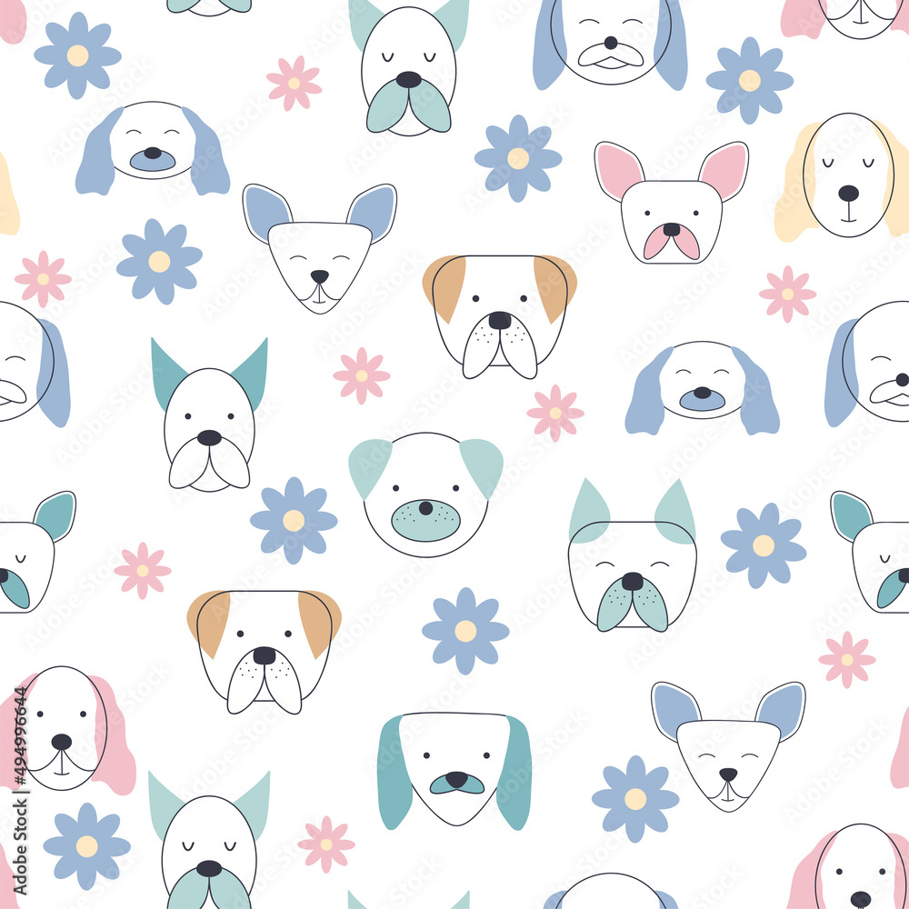Obraz premium Seamless childish pattern with dog animal faces. Creative nursery background