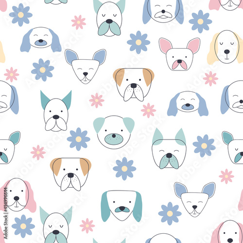 Seamless childish pattern with dog animal faces. Creative nursery background