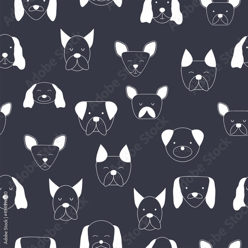 Seamless baby pattern with dog animal muzzles. Monochrome on a colored background.
