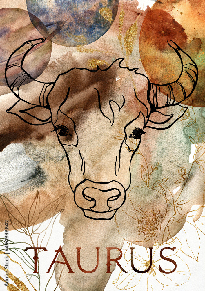 Watercolor poster of zodiak sign taurus. Hand painted abstract card ...