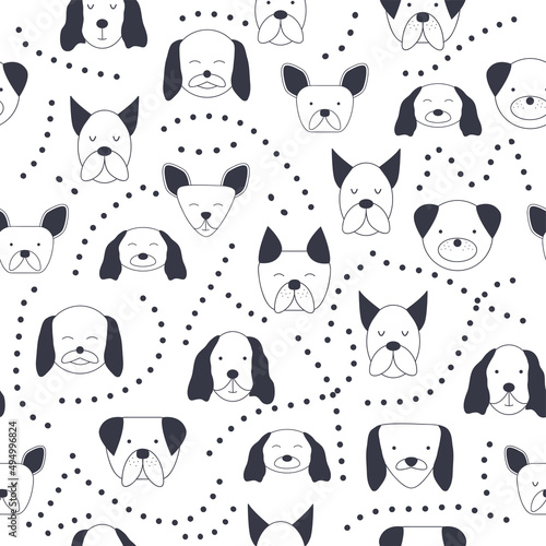 Seamless baby pattern with dog animal muzzles. Monochrome on a colored background.