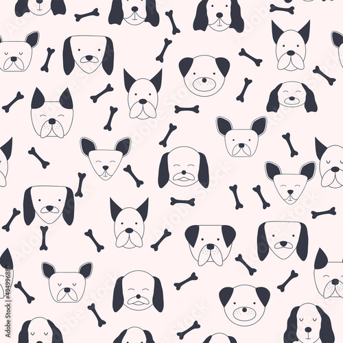 Seamless baby pattern with dog animal muzzles. Monochrome on a colored background.
