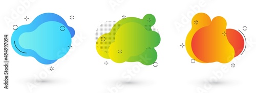 Set of isolated blue and red fluid blobs, gradient green and violet liquid spots. 