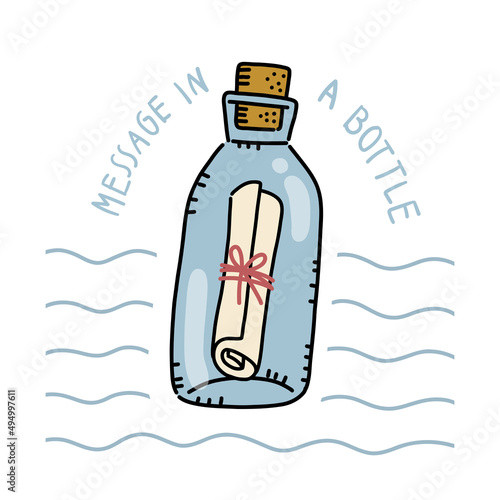 message in a bottle line art, hand drawn