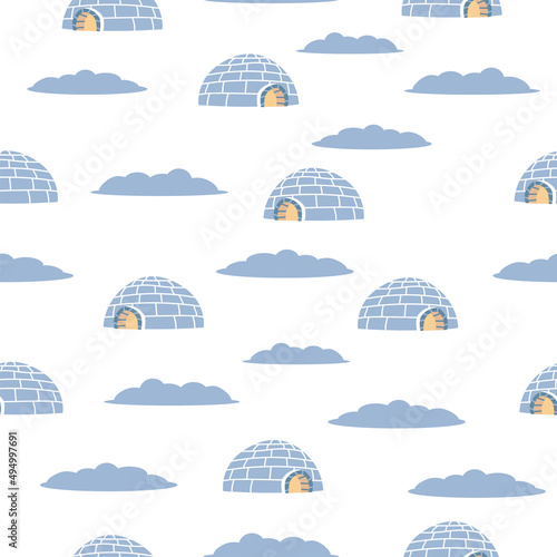 Seamless pattern of blue igloo. White winter background. Hand drawing icehouse. Eskimo house. Winter card.