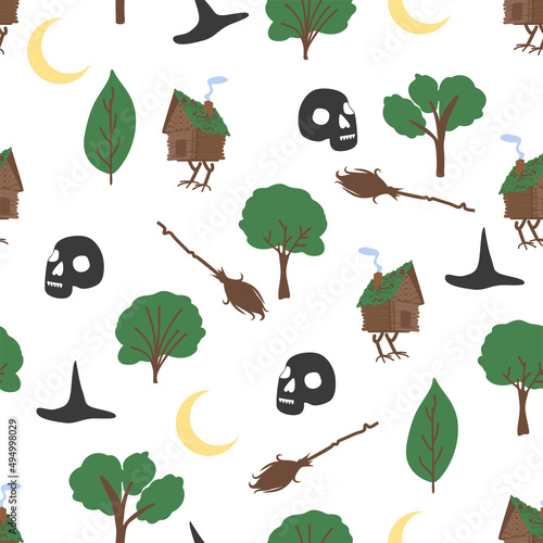 Chicken legs seamless pattern. Forest, broom, web, witch, skull, raven, witchcraft attributes. Traditional Russian fairy