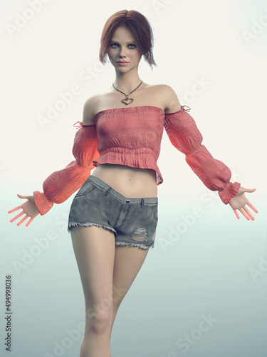 Slika na platnu A 3d digital rendering of a young woman with cut off jean shorts and a pink halter top with a simple blue background