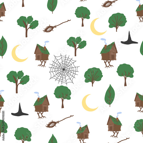 Chicken legs seamless pattern. Forest, broom, web, witch, skull, raven, witchcraft attributes. Traditional Russian fairy