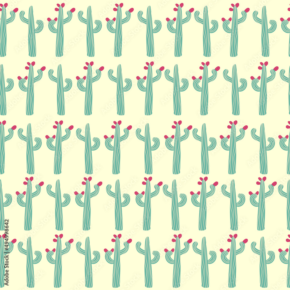 seamless pattern with different cactus. Bright repeated texture with green cacti. Natural background with desert plants